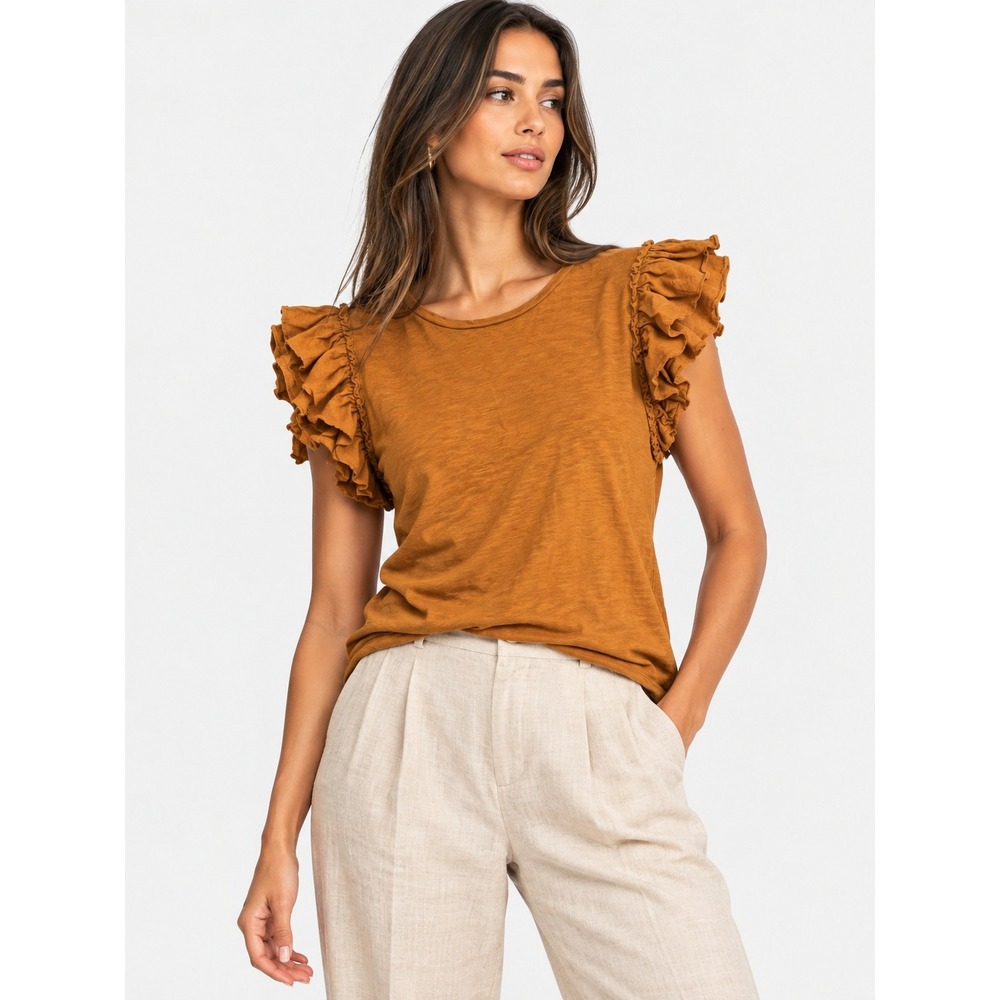 Industry Rust Orange 100% Pima Cotton Ruffle Cap Sleeve Top Tee XL